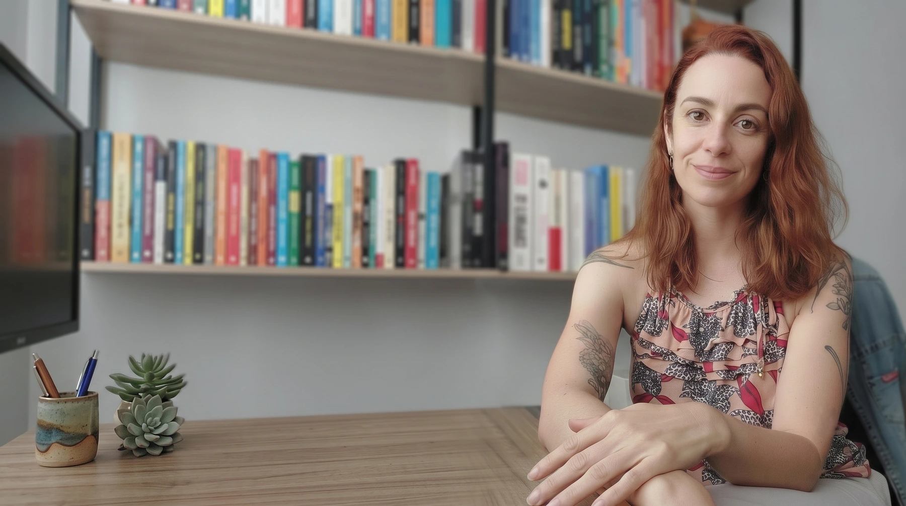 Danielle Miranda, psicóloga, sorrindo à mesa de seu consultório, com estantes de livros ao fundo